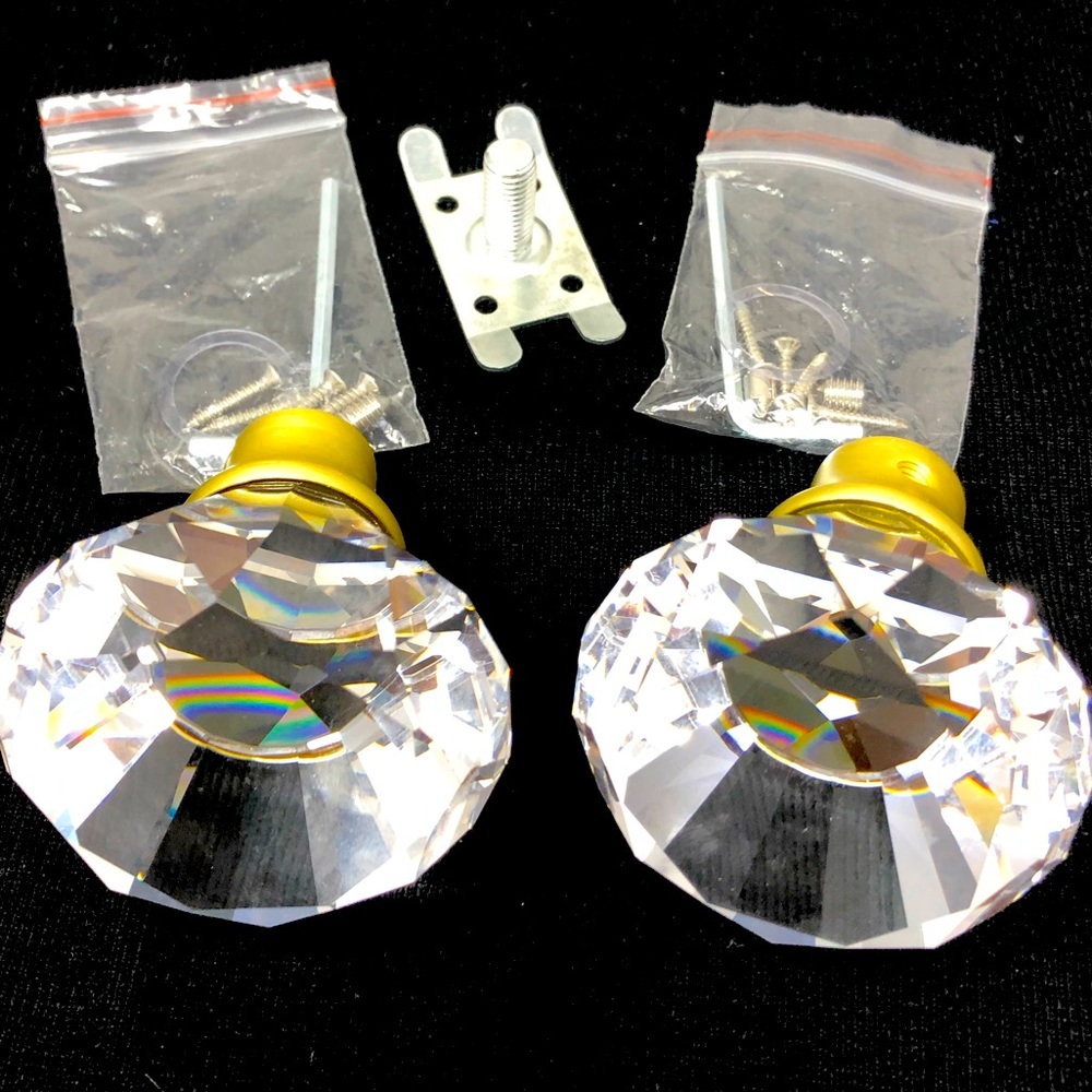 Faceted Glass, Mirror and Gold Toned Large Drawer Pulls